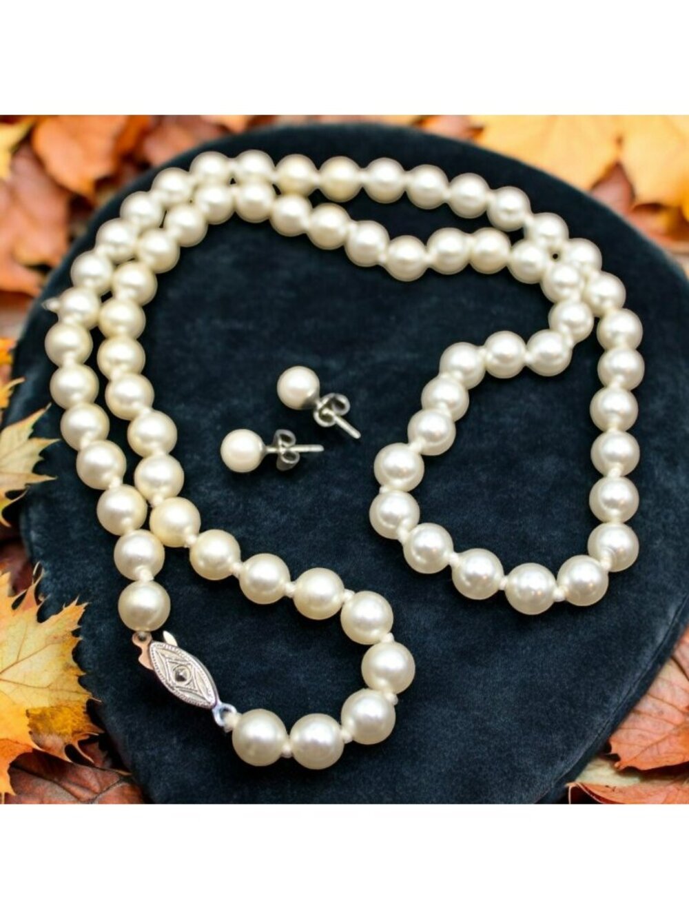 Vtg Glass Faux Pearls Hand Knotted Fish Hook Clasp Necklace 17” Stud Earring